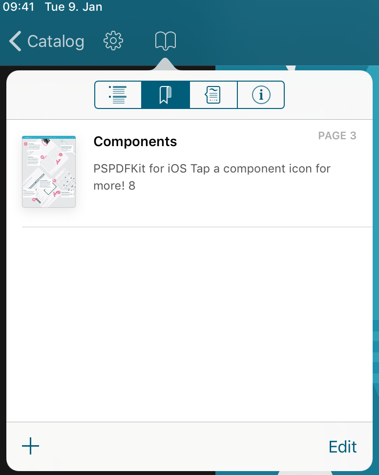 Nutrient SDK UI showing an item being viewed in the catalog with tabbed icon options of Outline, Bookmarks, Annotations, Info with Bookmarks selected