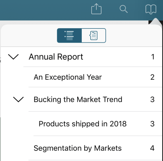 Nutrient SDK showing an expanded list of outline headings with the Outline and Annotations tabbed options shown using icons