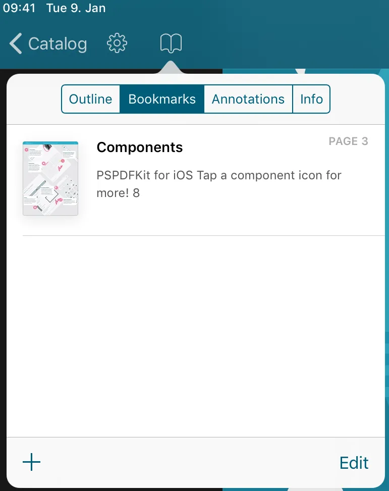 Nutrient SDK UI showing an item being viewed in the catalog with tabbed text options of Outline, Bookmarks, Annotations, Info with Bookmarks selected