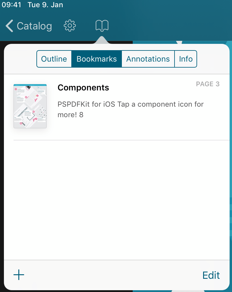 Nutrient SDK UI showing an item being viewed in the catalog with tabbed text options of Outline, Bookmarks, Annotations, Info with Bookmarks selected