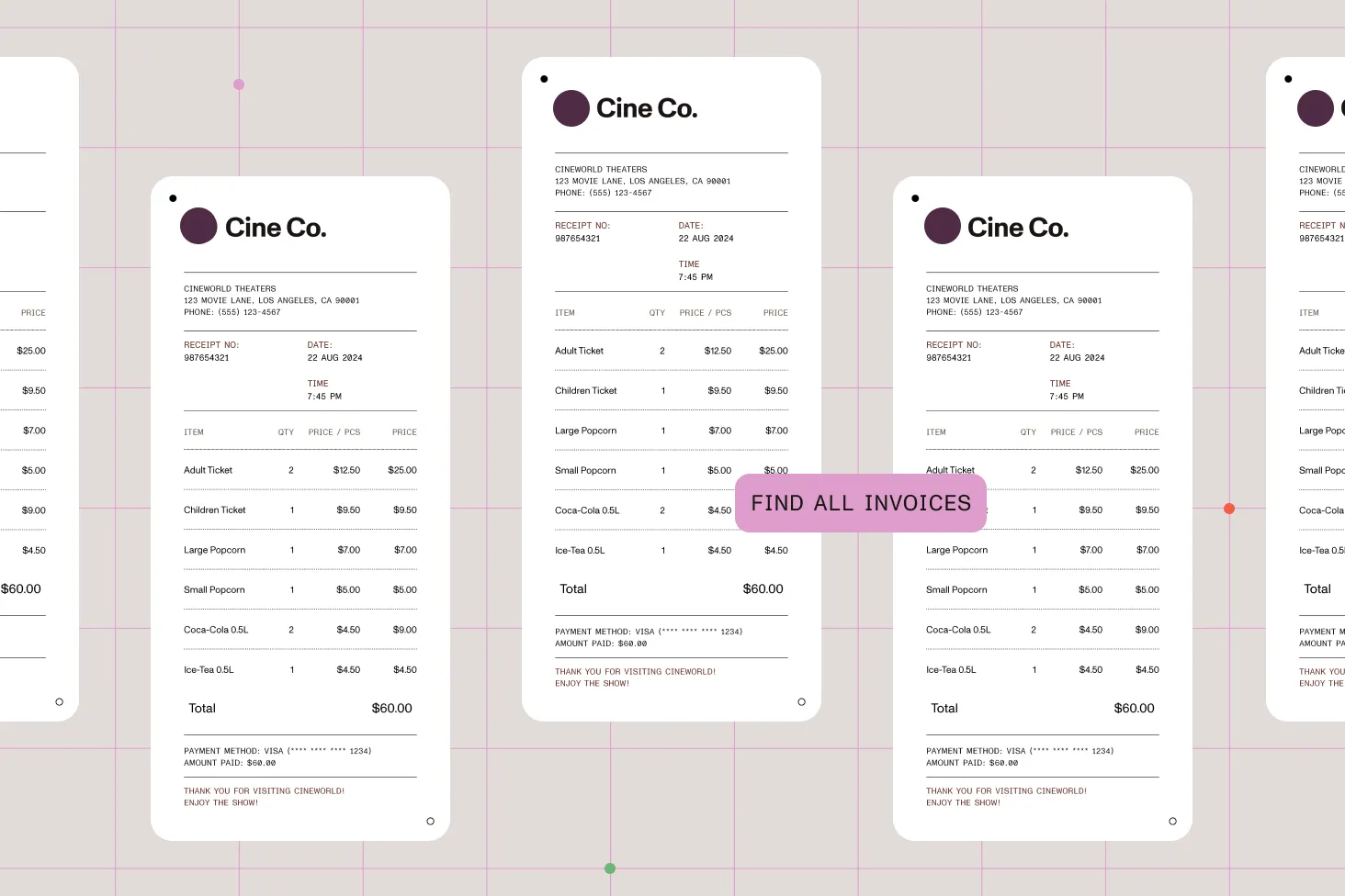 A few invoices documents with a 'Find all invoices' tag