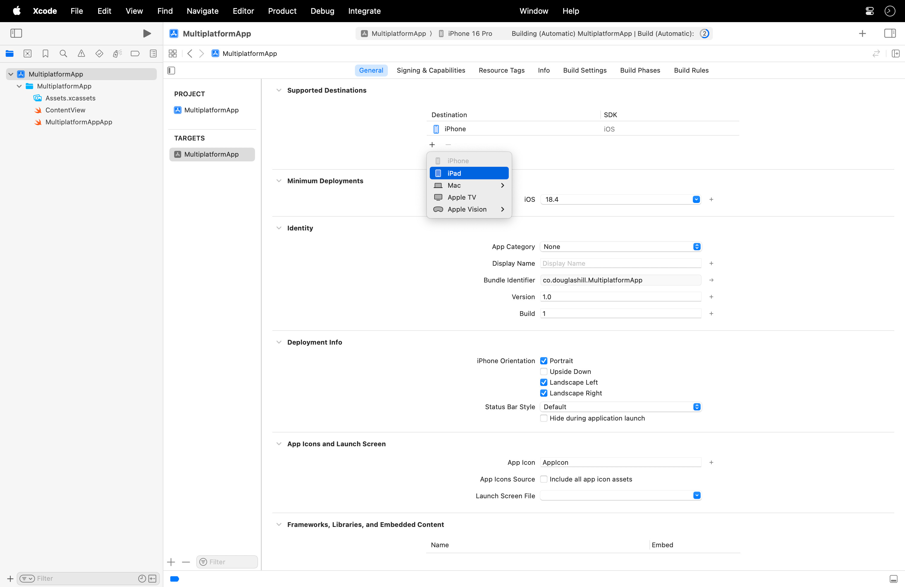 Screenshot showing Xcode target settings: General: Supported Destinations