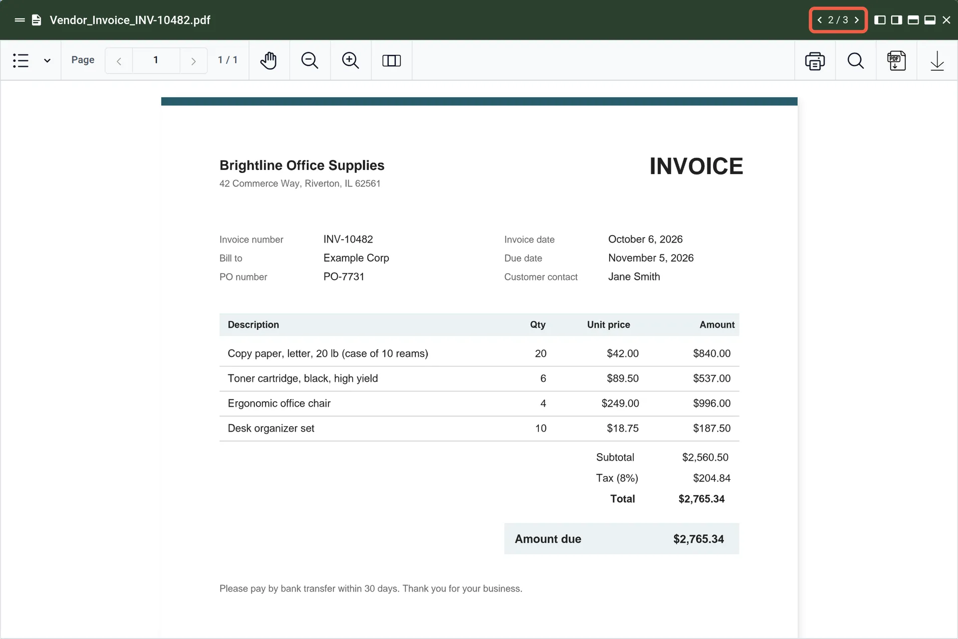 Vendor invoice open in the file preview from Task History, with the previous and next arrows and the 2/3 counter