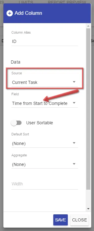 Task Report source options available only for task reports