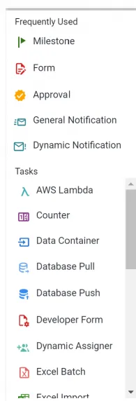 Tasks menu in the Process Builder