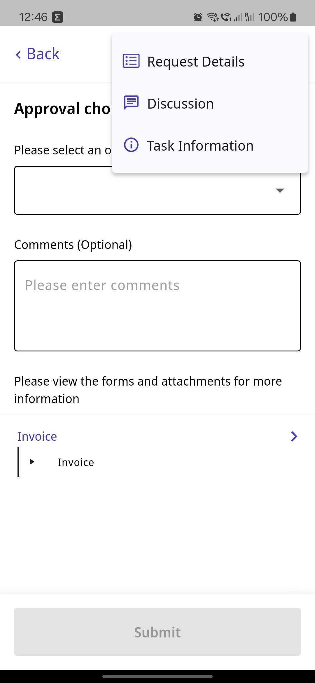 Nutrient Workflow Automation mobile app task menu showing Request Details, Discussion, and Task Information options