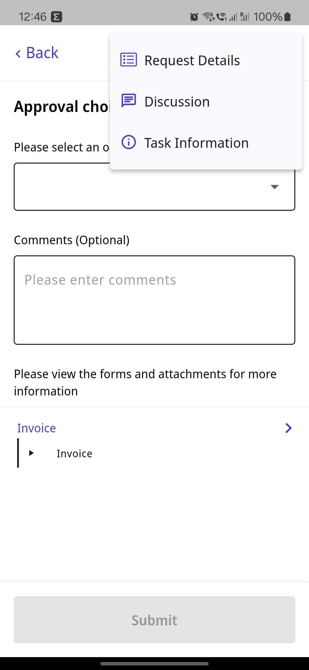 Nutrient Workflow Automation mobile app task menu showing Request Details, Discussion, and Task Information options