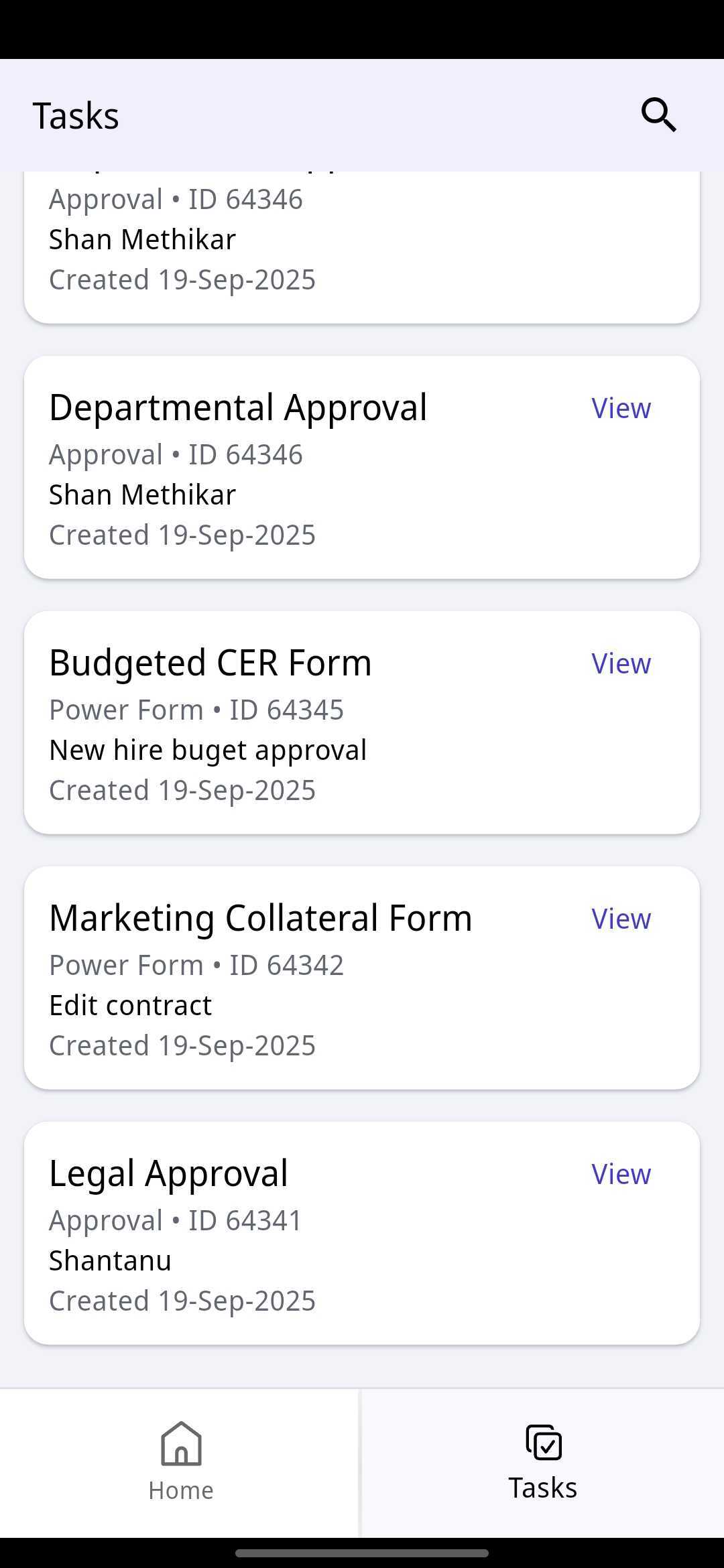 Nutrient Workflow Automation mobile app Tasks screen showing different task types