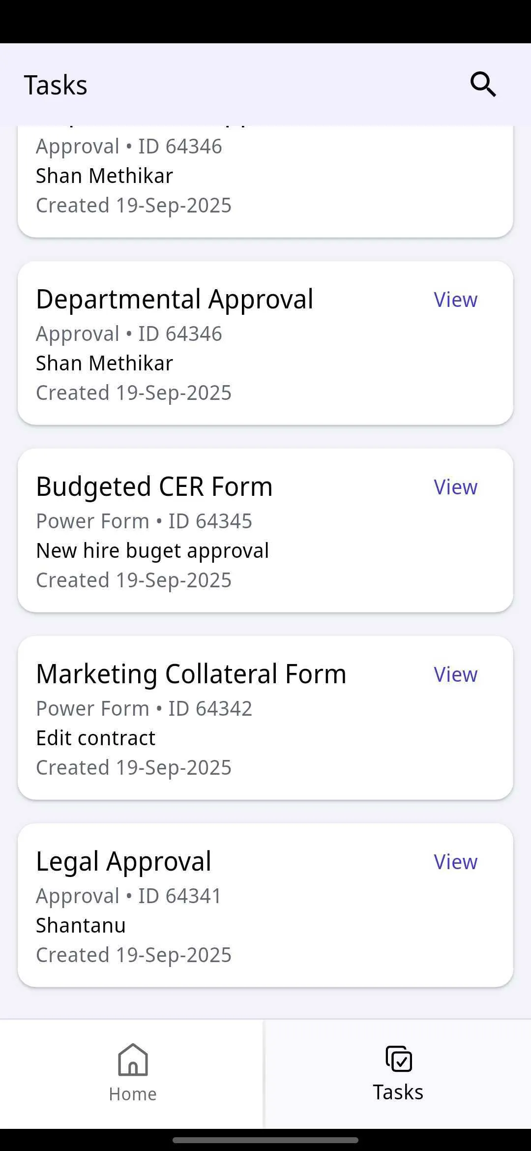 Nutrient Workflow Automation mobile app Tasks screen showing different task types