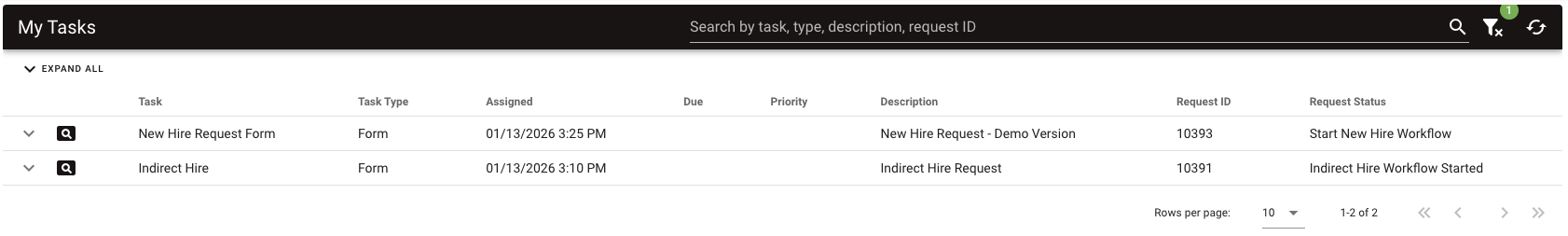 My Tasks list view showing columns for Task, Task Type, Assigned, Due, Priority, Description, Request ID, and Request Status