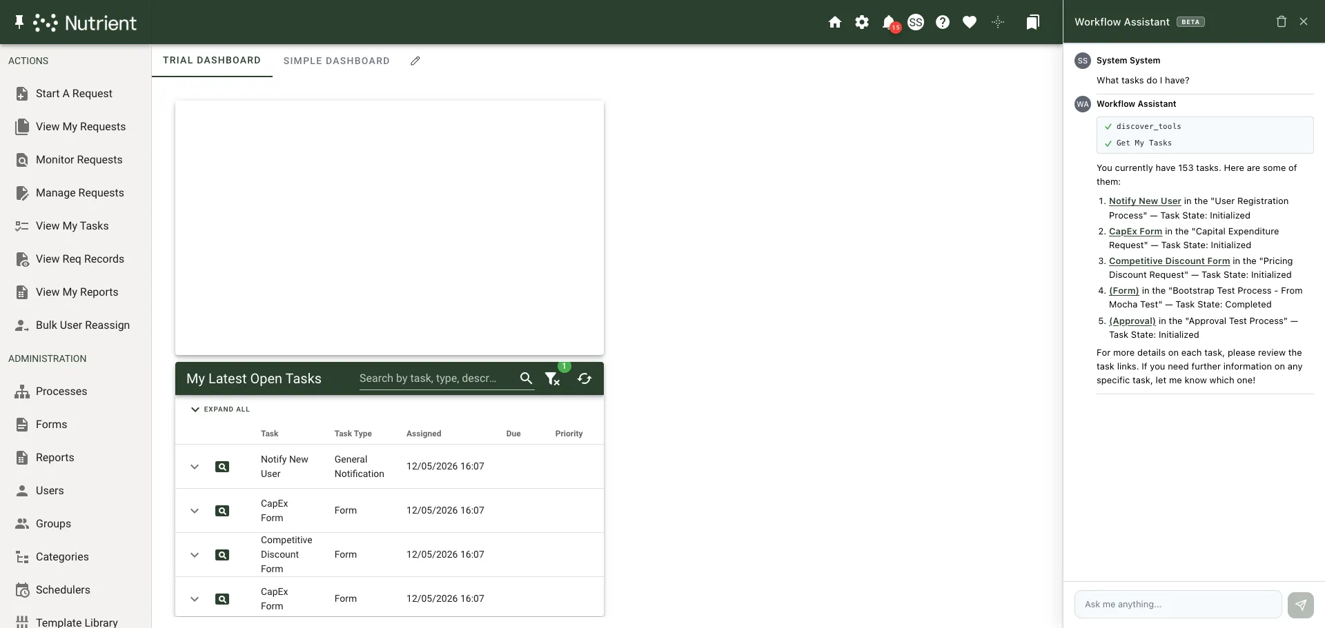 AI assistant answering "What tasks do I have?" with a tool-call indicator and a linked list of tasks
