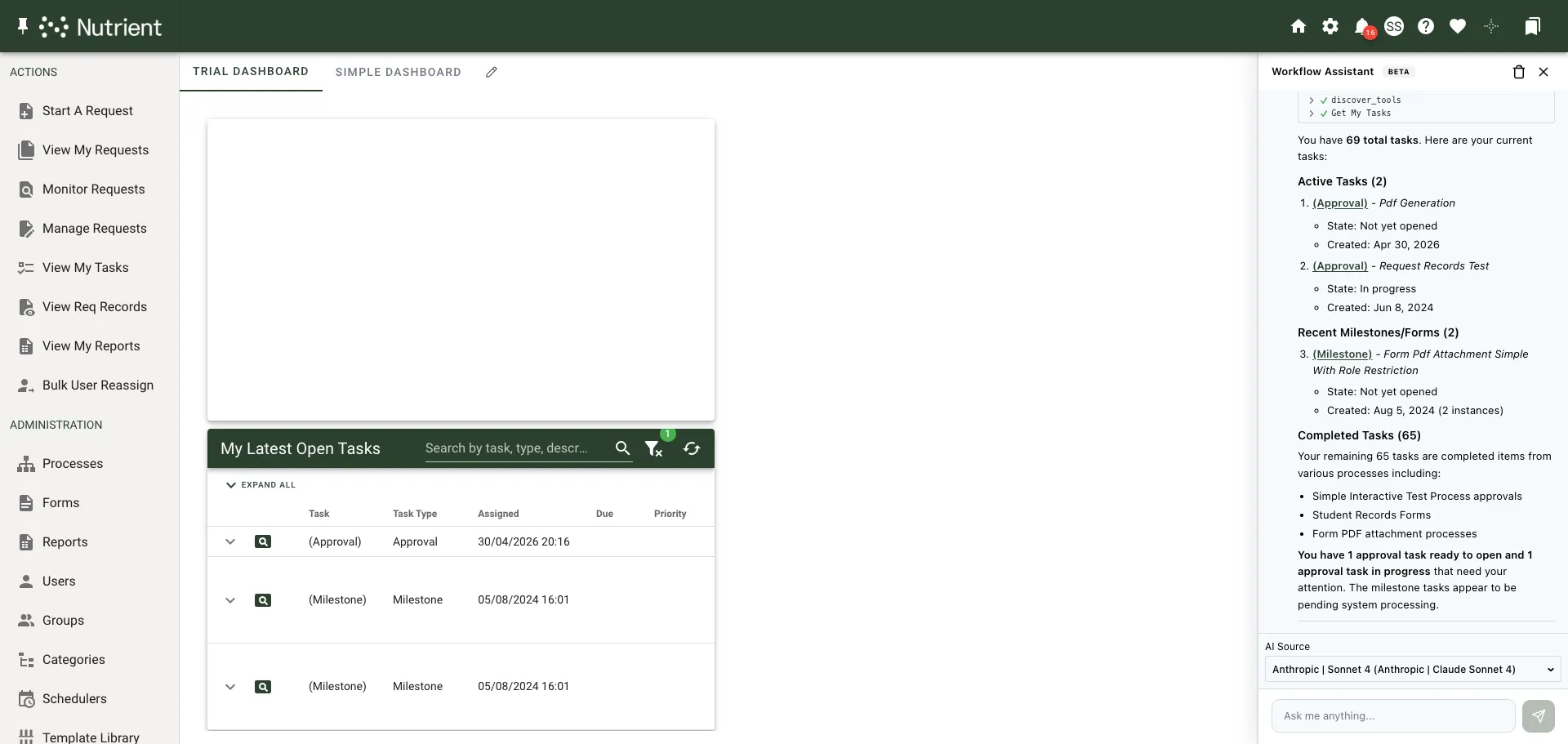 Workflow Assistant answering "What tasks do I have?" with expandable tool-call rows and a linked list of tasks