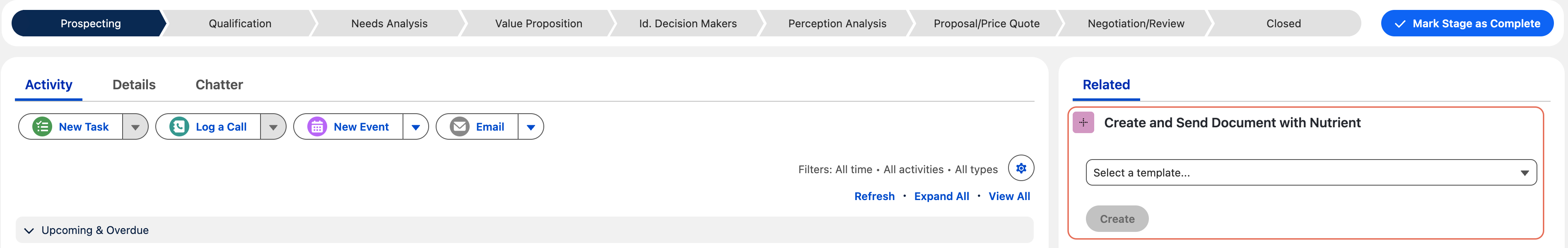Create and Send Document with Nutrient widget showing template dropdown and Create button