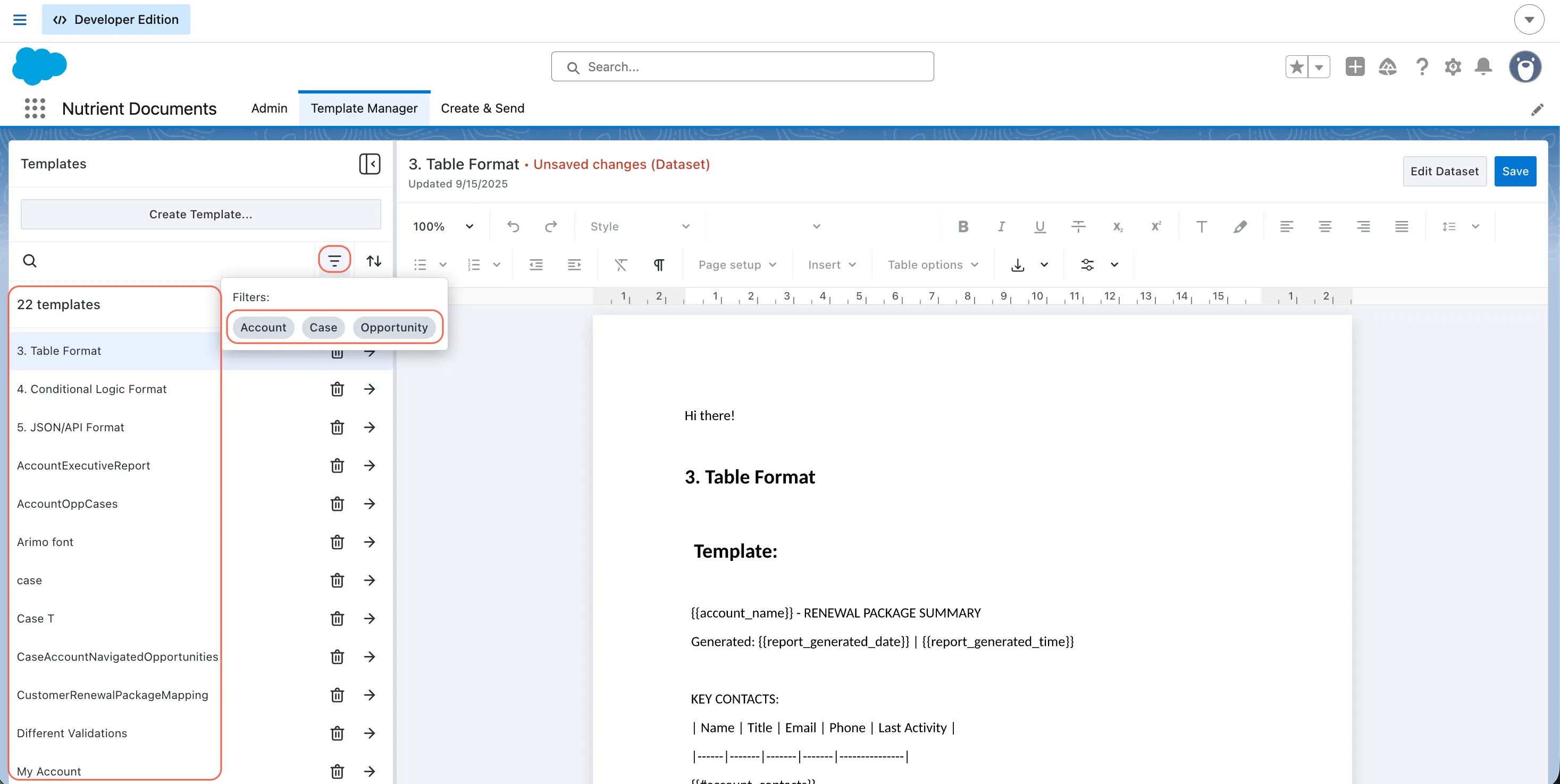 Template Manager in Salesforce showing the template sidebar and filter by root Salesforce record type