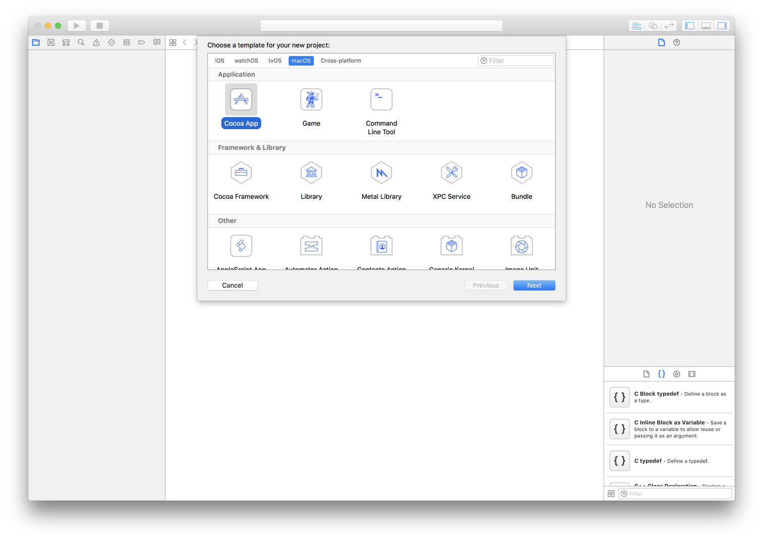 screen shot of creating project with Cocoa App template