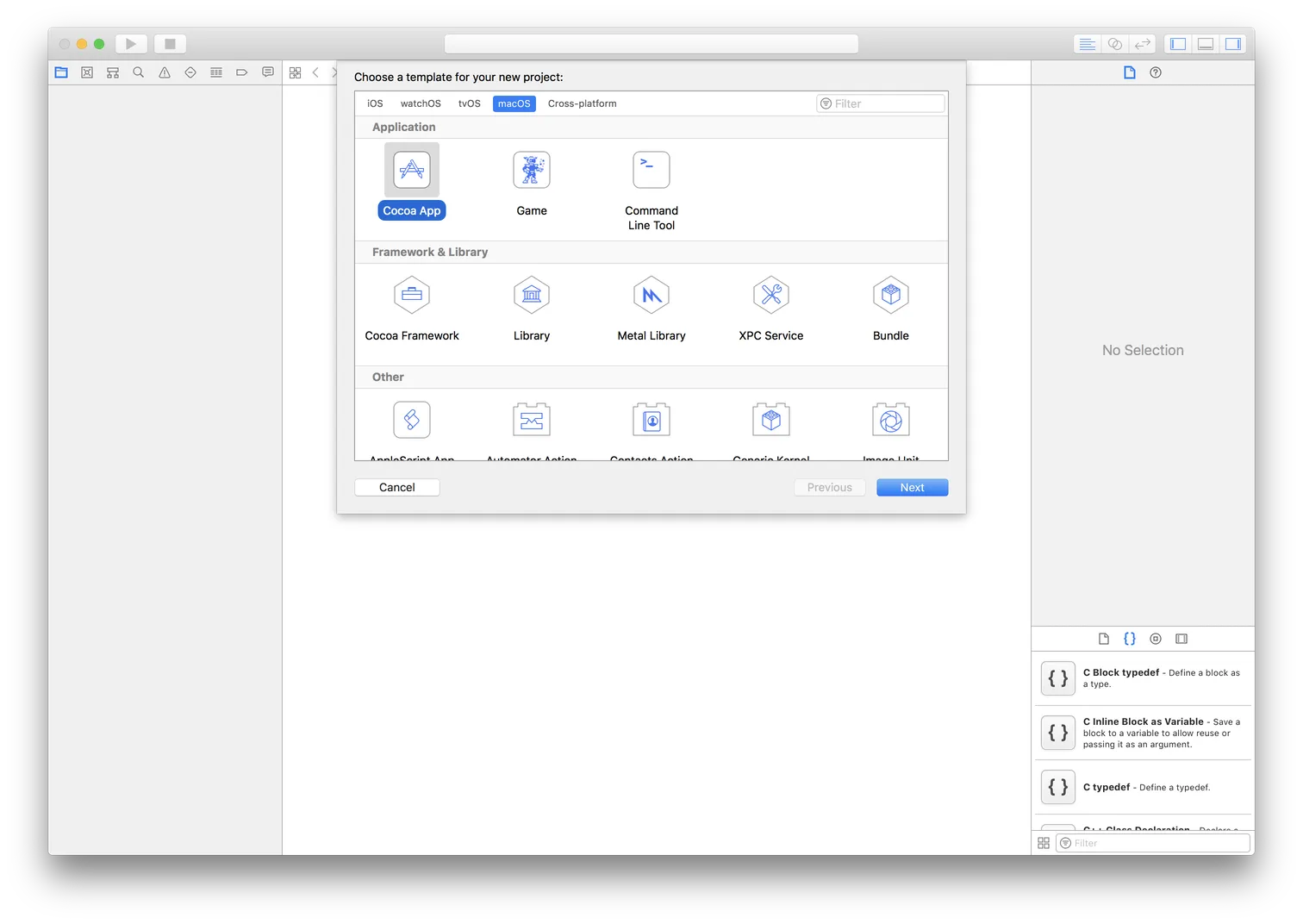 screen shot of creating project with Cocoa App template