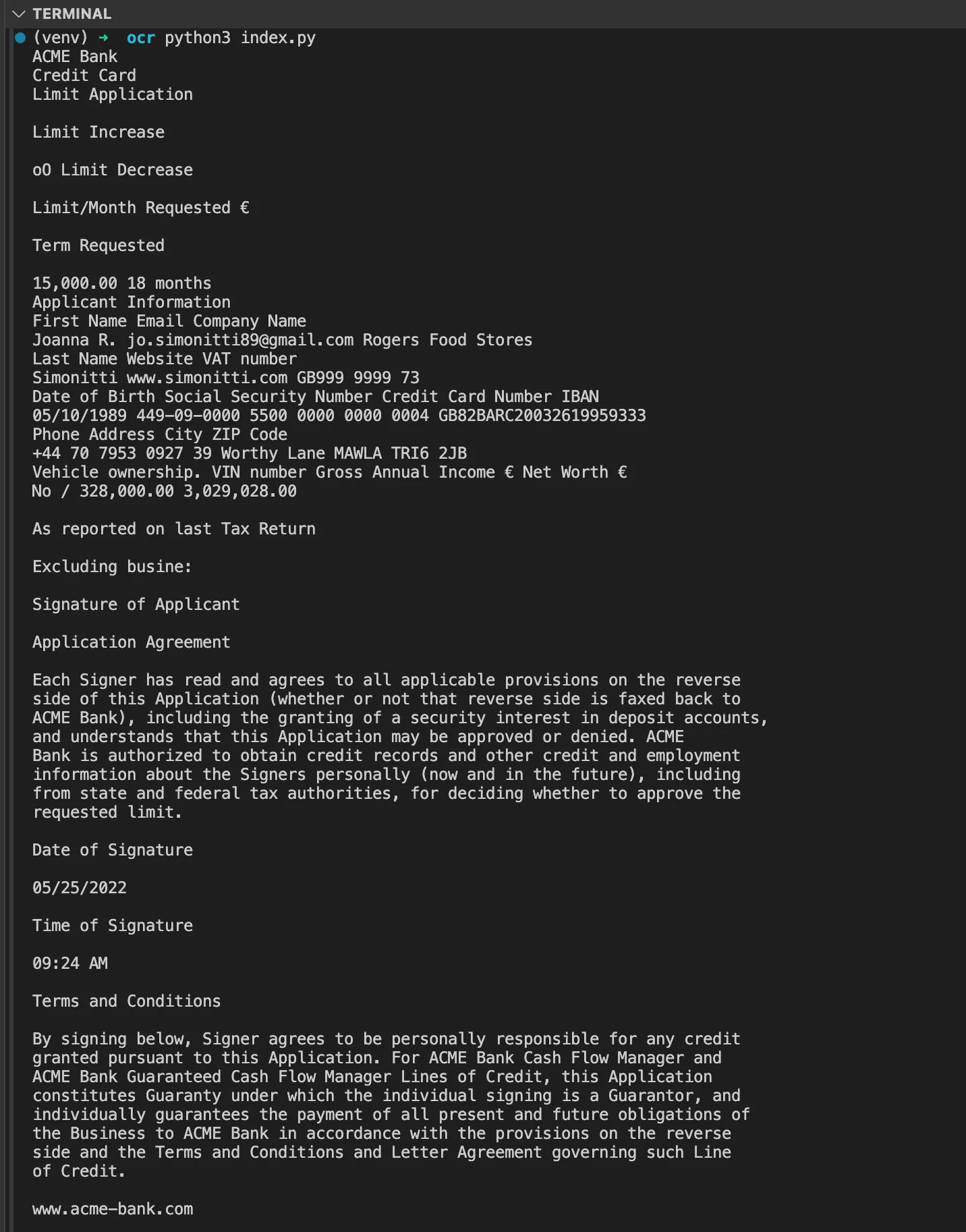 Terminal output
