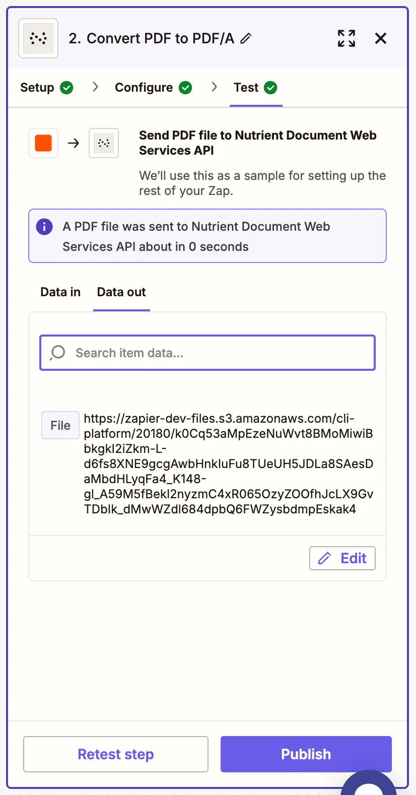 Test result confirming successful PDF/A conversion
