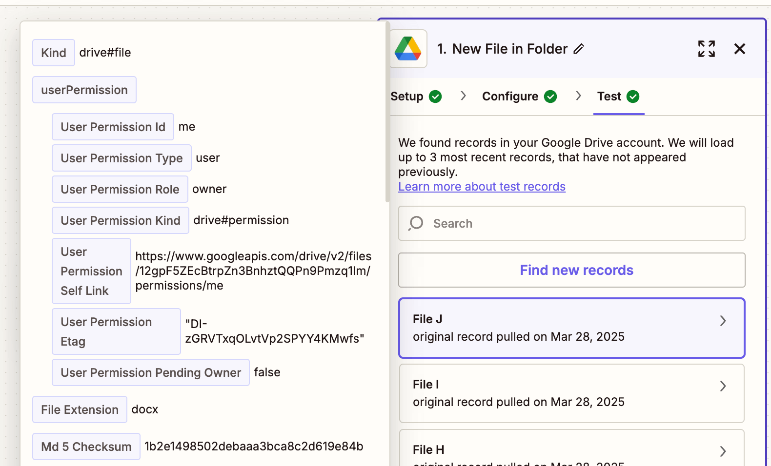 Test result showing a .docx file pulled from Google Drive