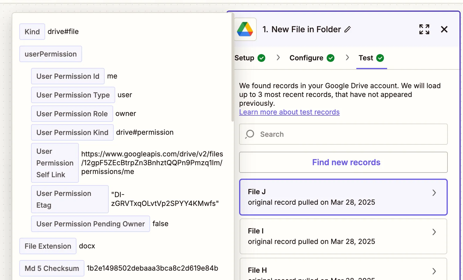Test result showing a .docx file pulled from Google Drive
