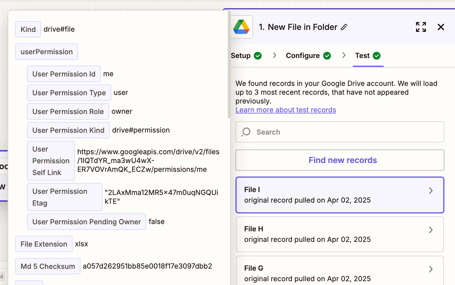 Trigger test showing sample XLSX file