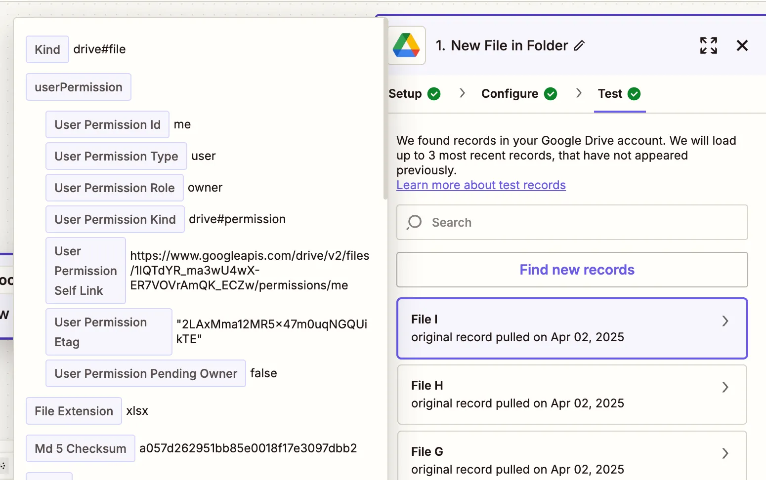 Trigger test showing sample XLSX file