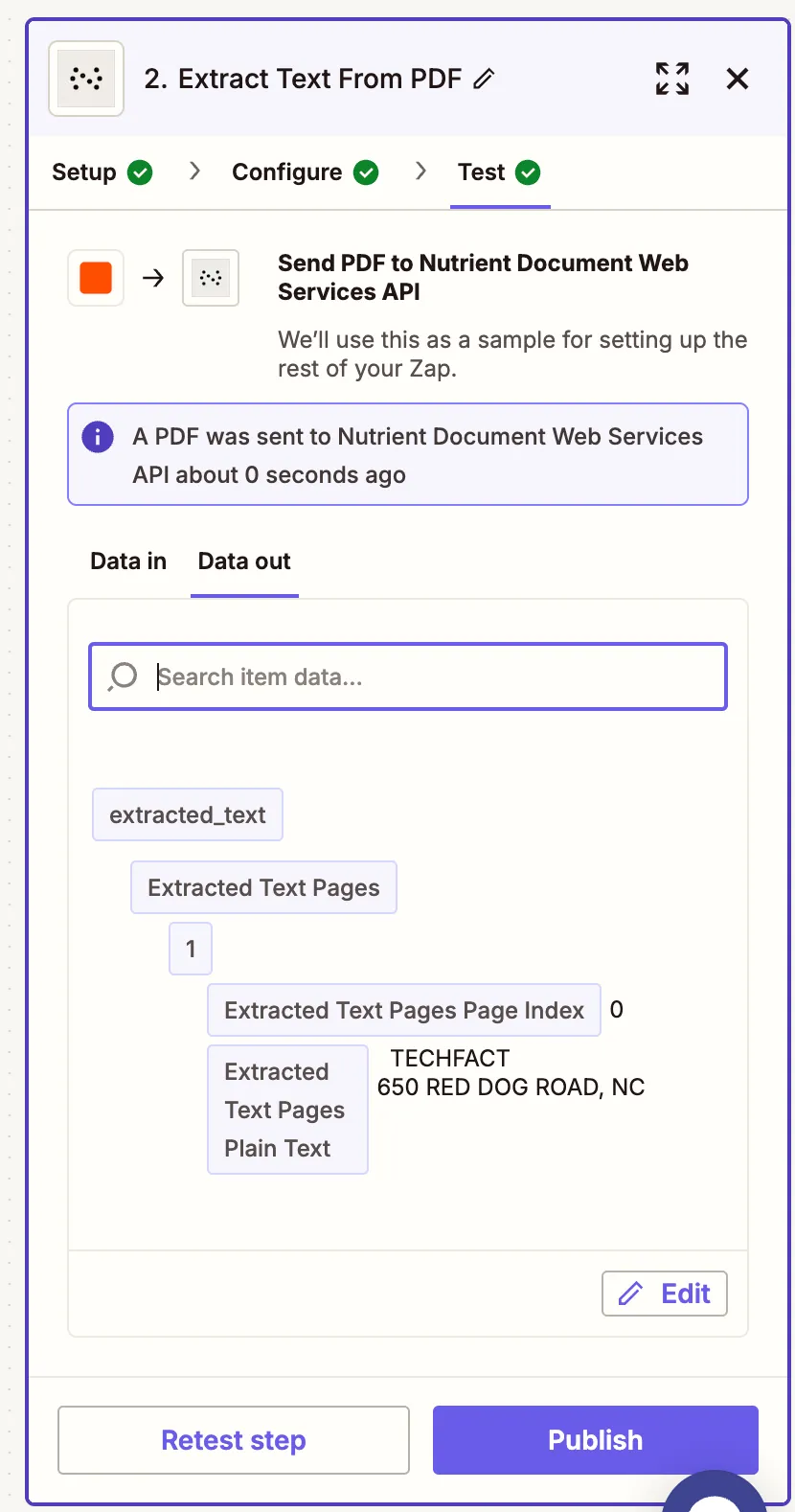 Test result showing successfully extracted text