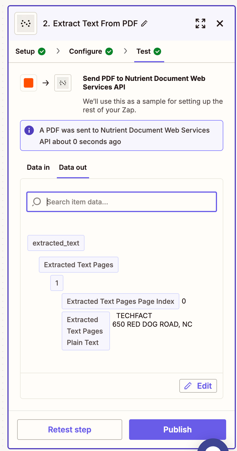 Test result showing successfully extracted text
