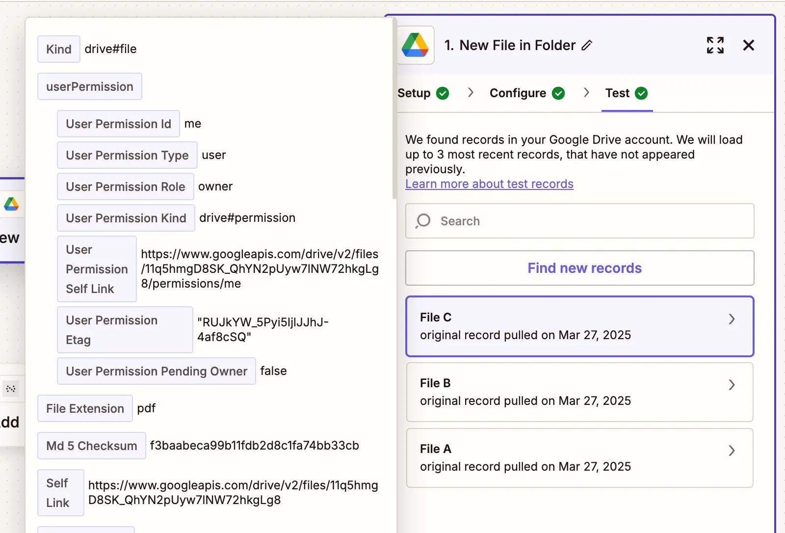 Trigger test showing a valid PDF file pulled from Google Drive