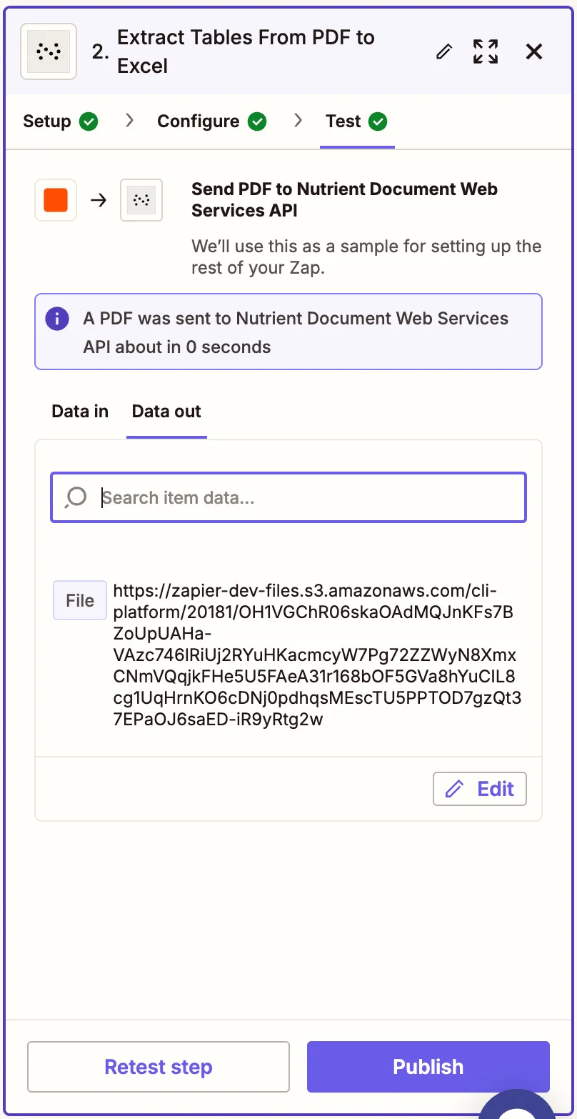 Test result showing successful Excel conversion