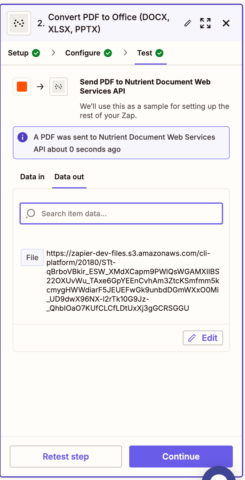 Test step showing success after PDF to Office conversion