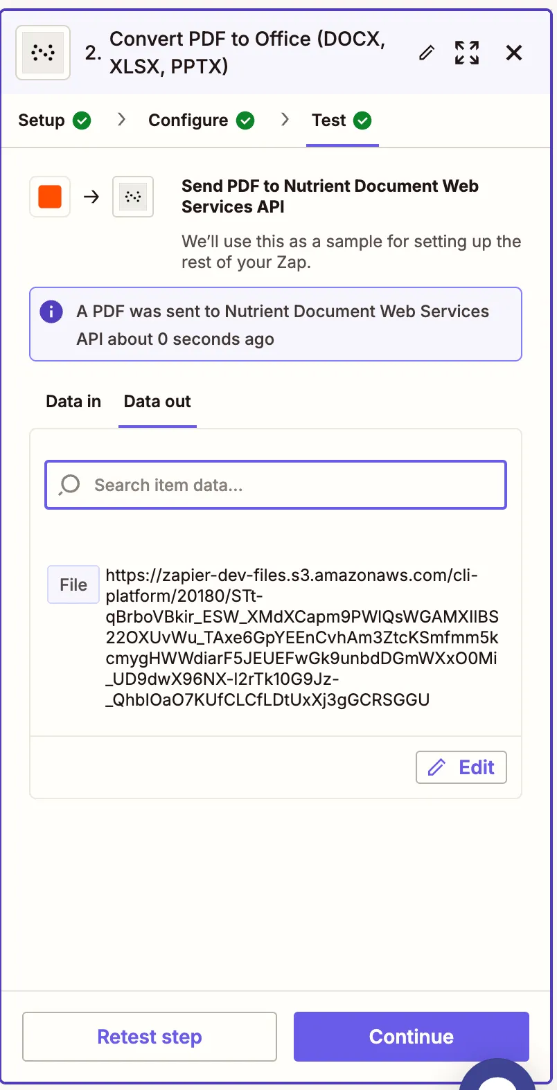 Test step showing success after PDF to Office conversion