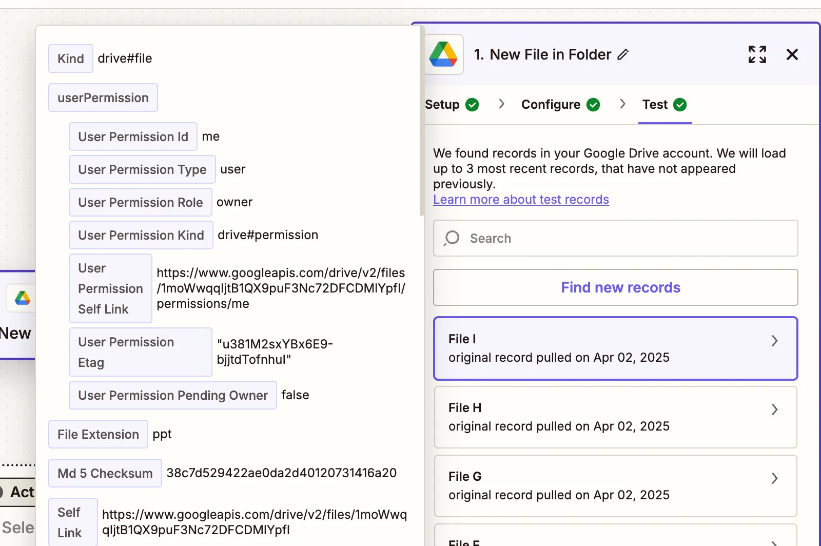 Zapier test showing detected PowerPoint file