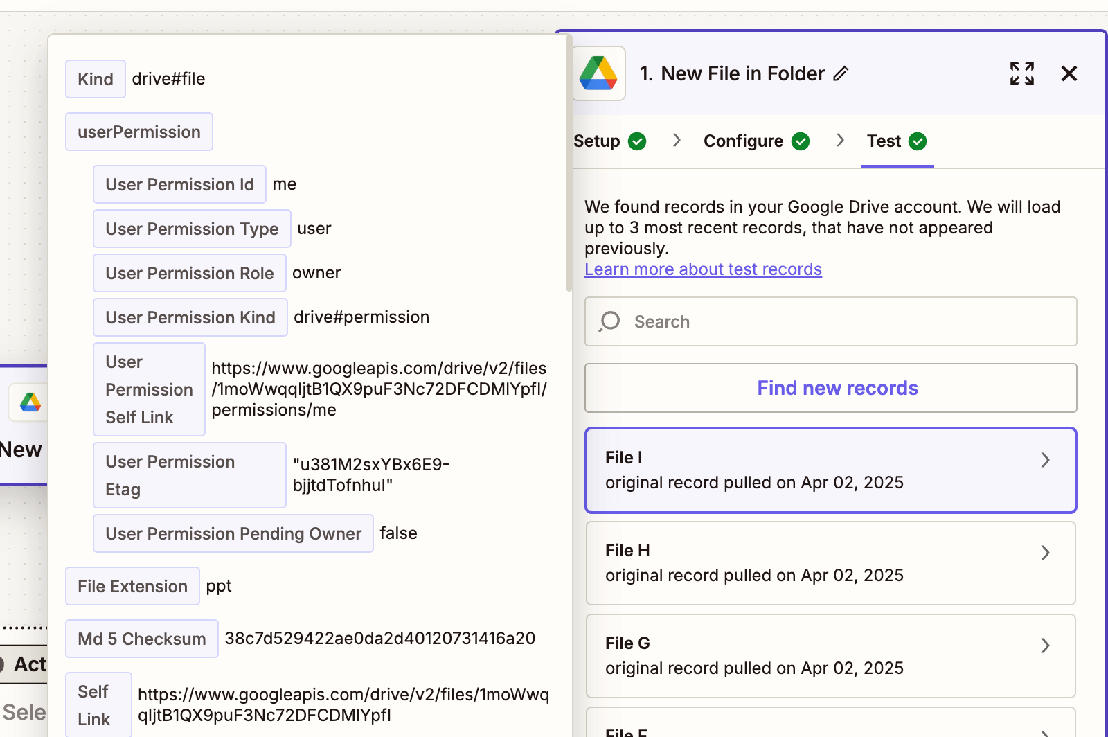 Zapier test showing detected PowerPoint file