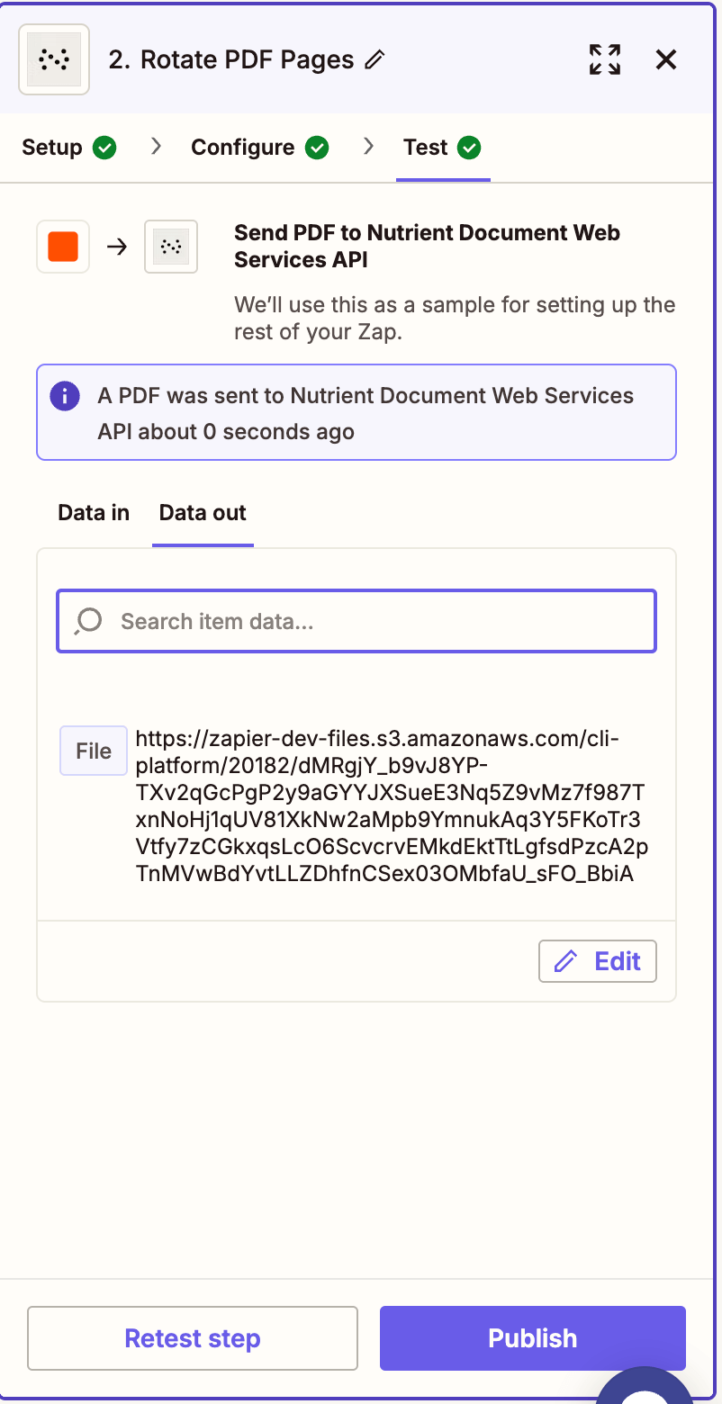Test result showing successful PDF rotation