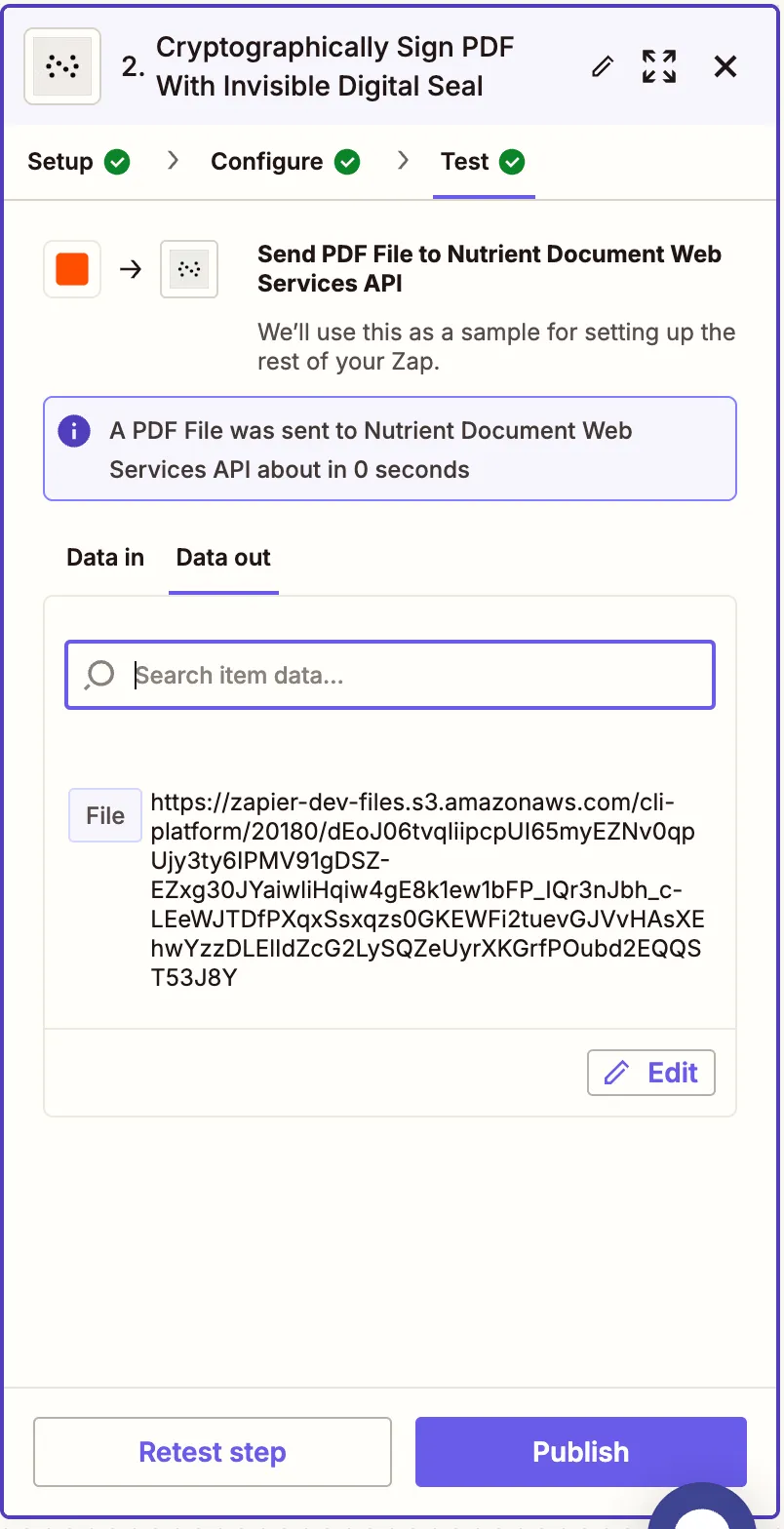 Test result showing the PDF was signed successfully