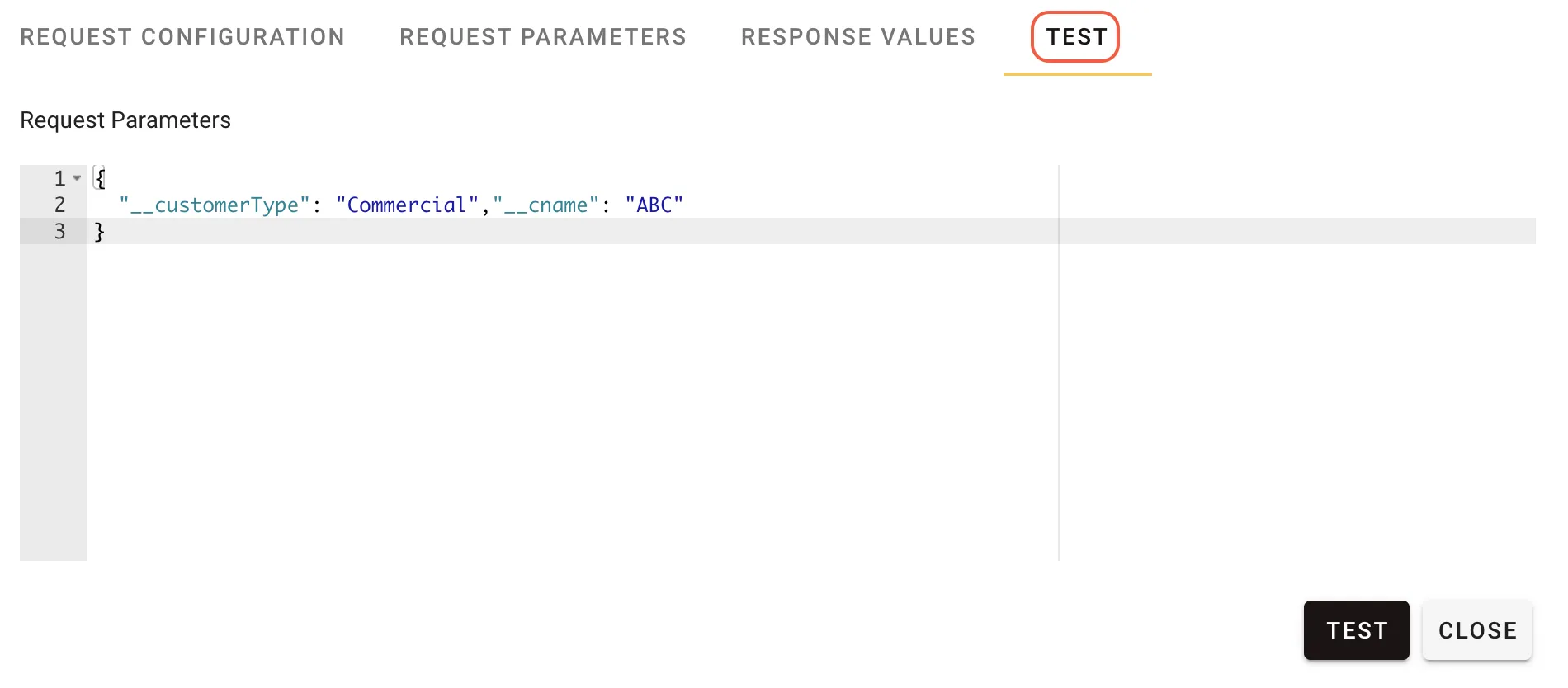 Test tab interface showing request parameter input and test execution