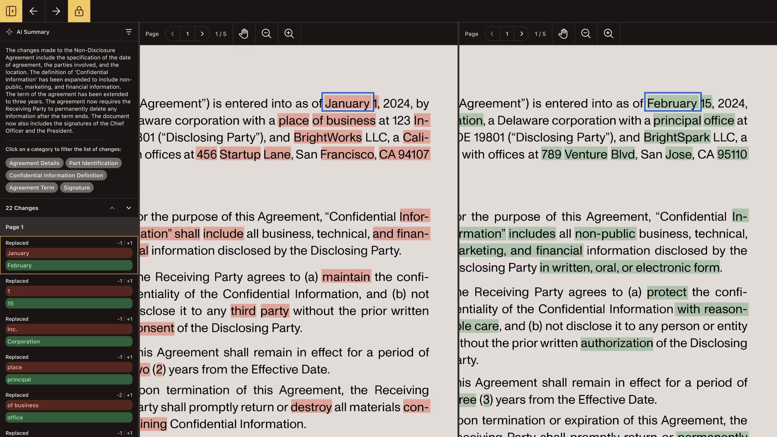 Web UI displaying a side-by-side comparison of two documents, and a left sidebar containing highlighted text changes and AI filtering options
