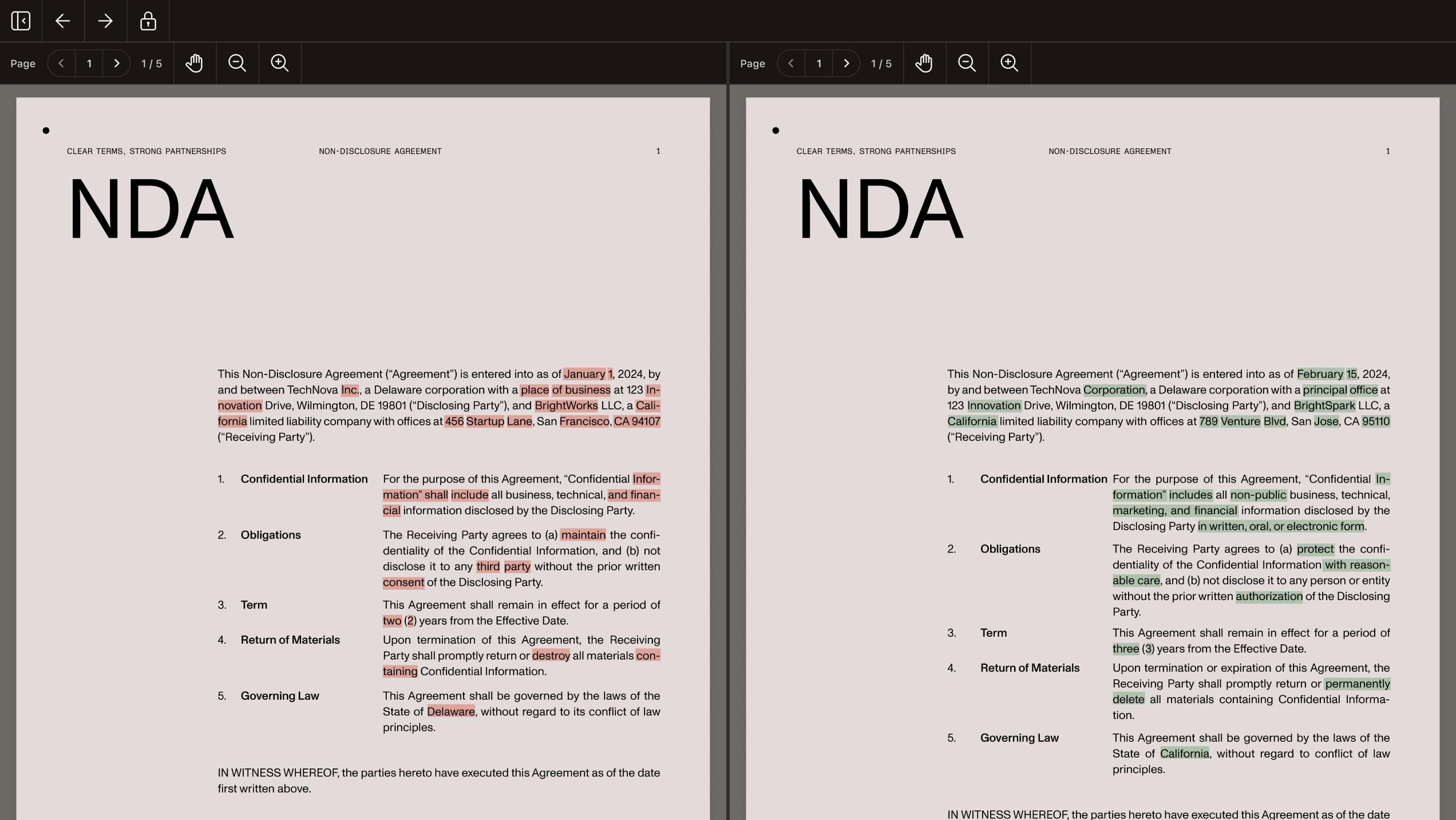 Side-by-side document comparison with highlighted text differences