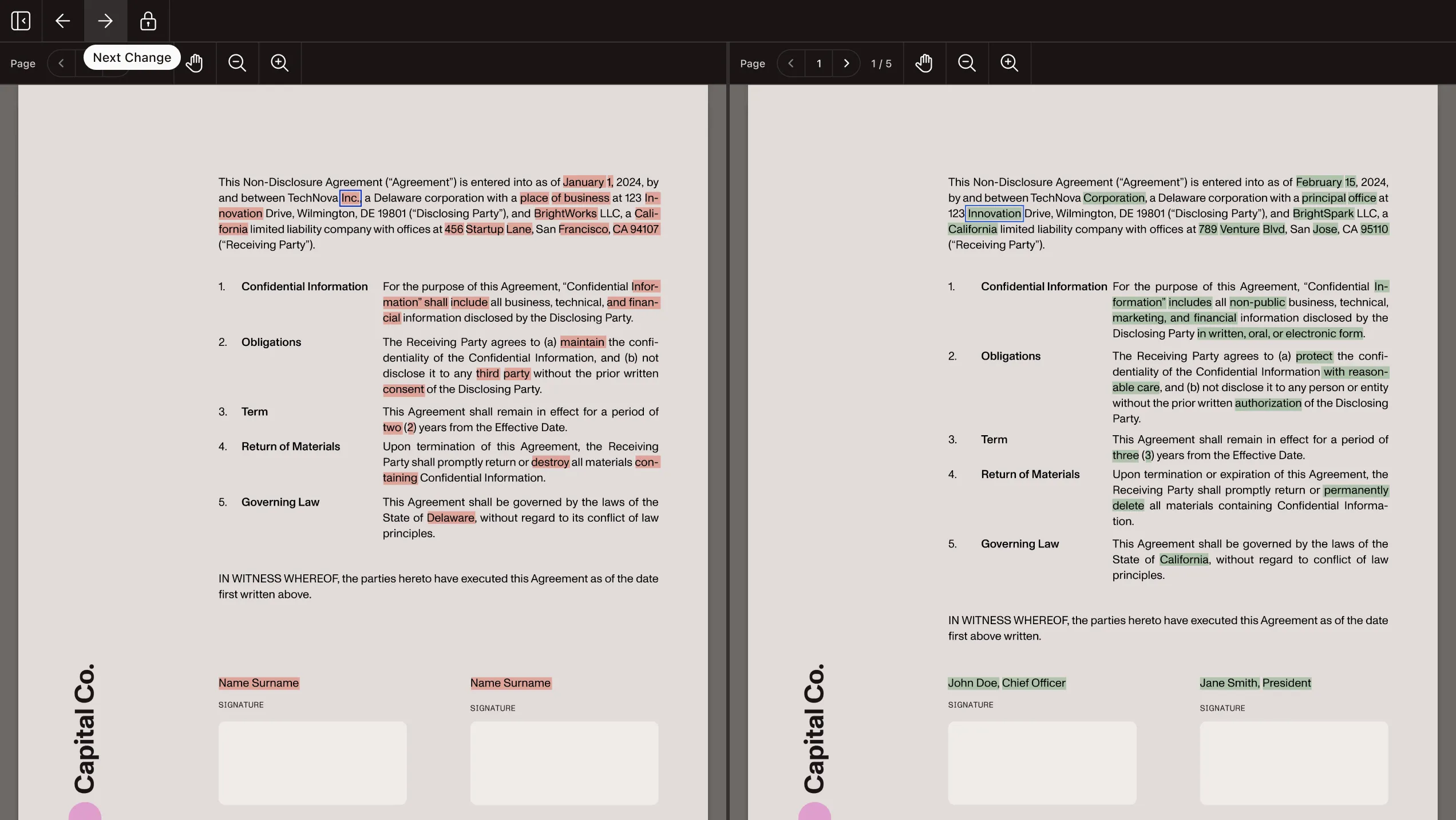 Web UI with a side-by-side document comparison view, showcasing the top toolbar with navigation controls to move between highlighted changes