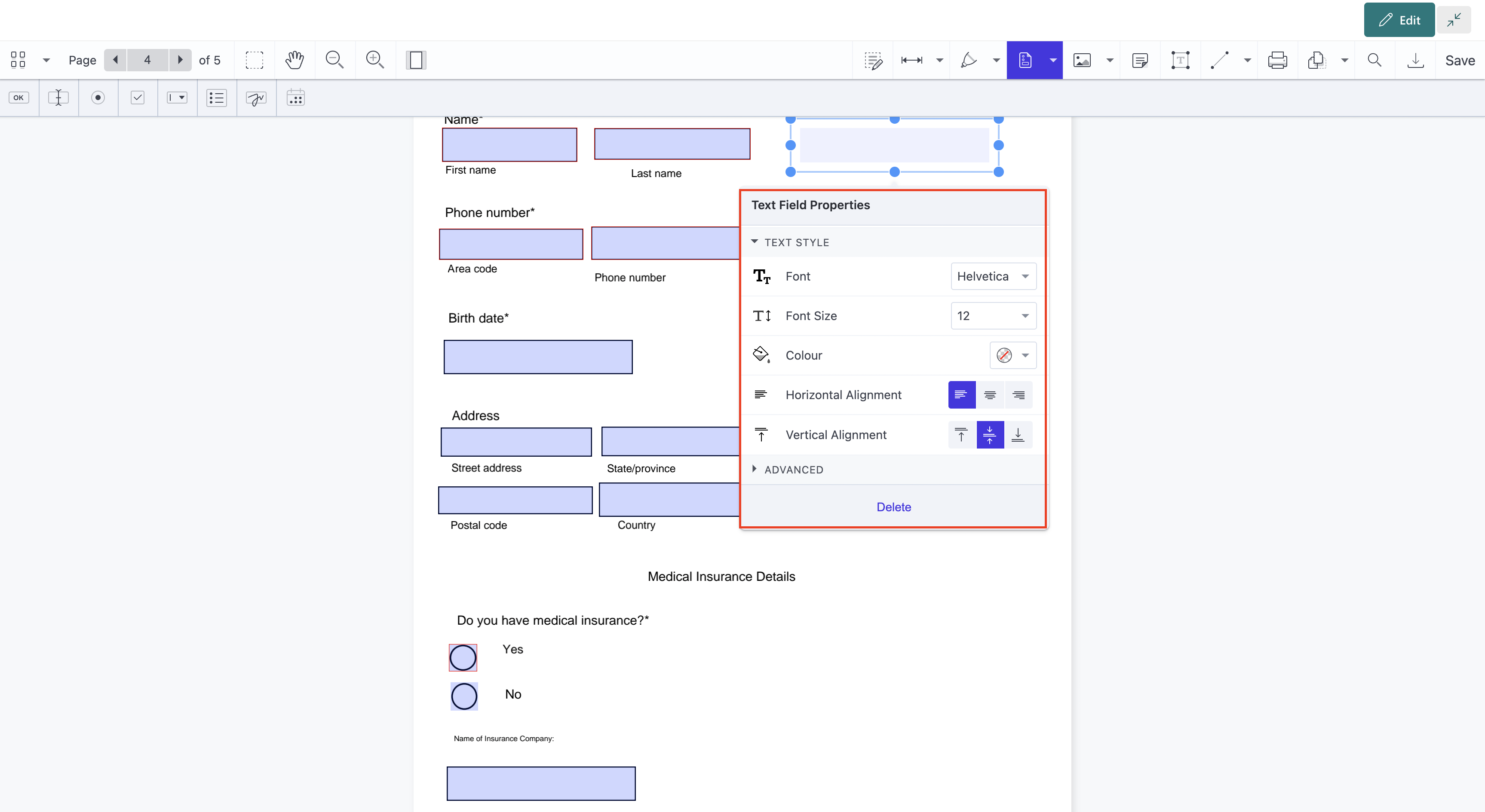 Text field properties