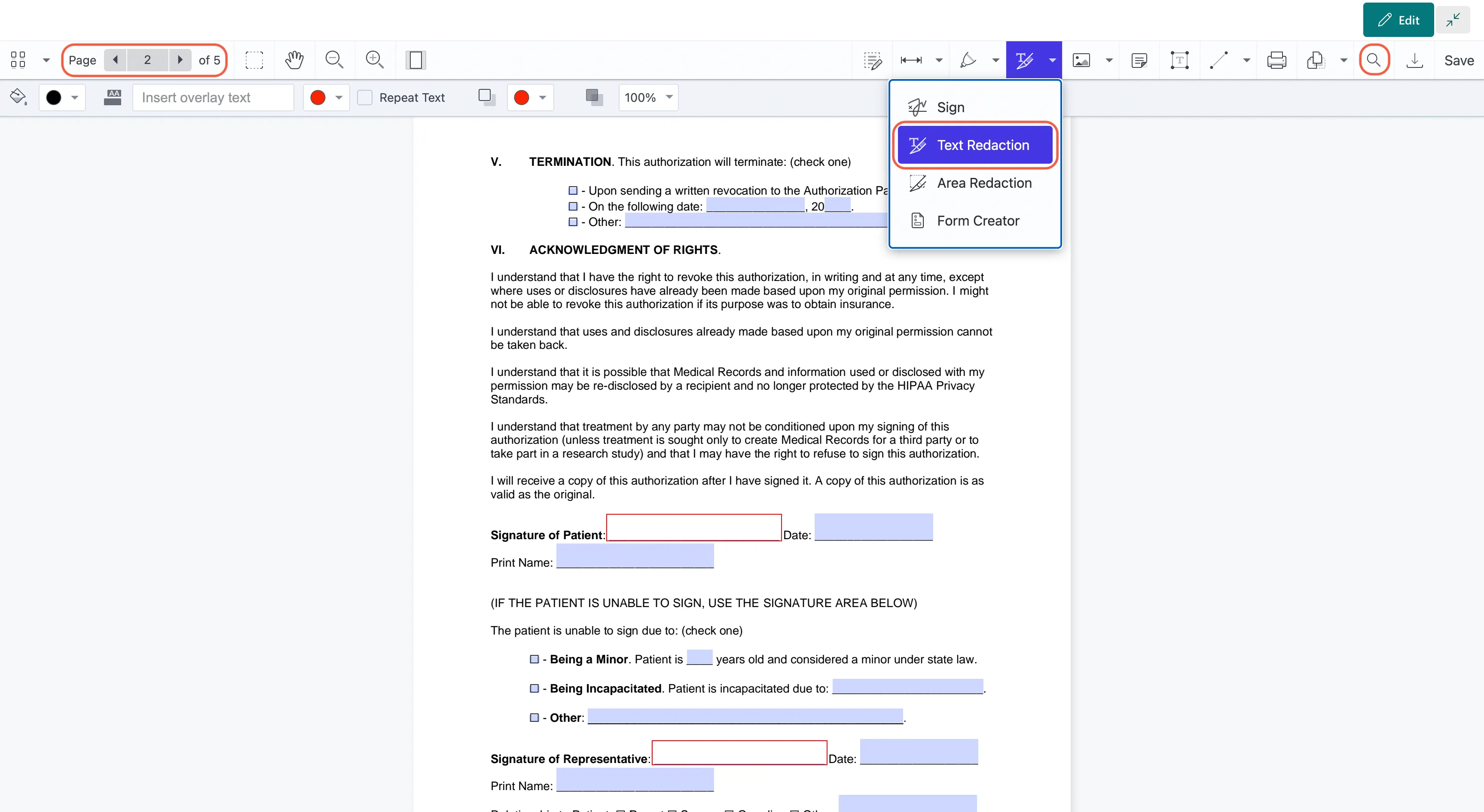 Text-redaction-and-page-navigation