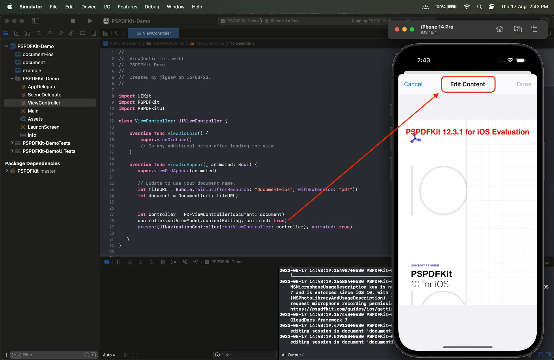 Editing PDF text in content-editing mode in the iOS Simulator