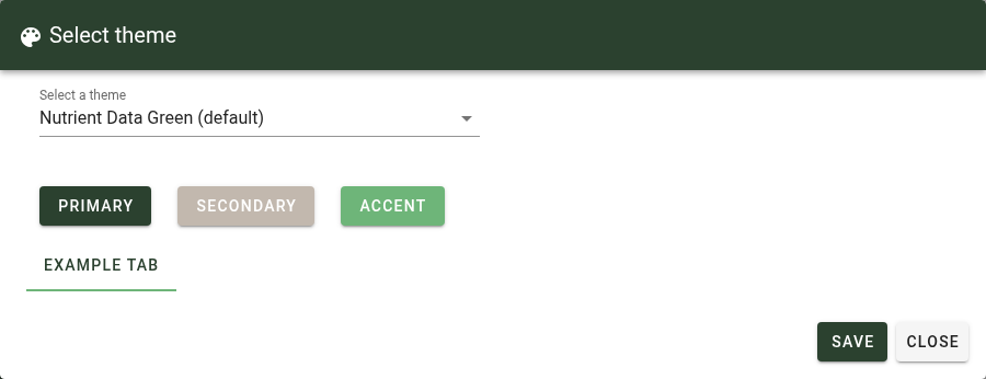 Theme selection dialog showing the Nutrient Data Green preview with Primary, Secondary, and Accent color swatches