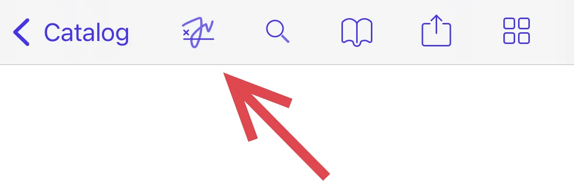 iPhone screenshot showing toolbar these buttons: back, sign, search, outline, share, and thumbanils.