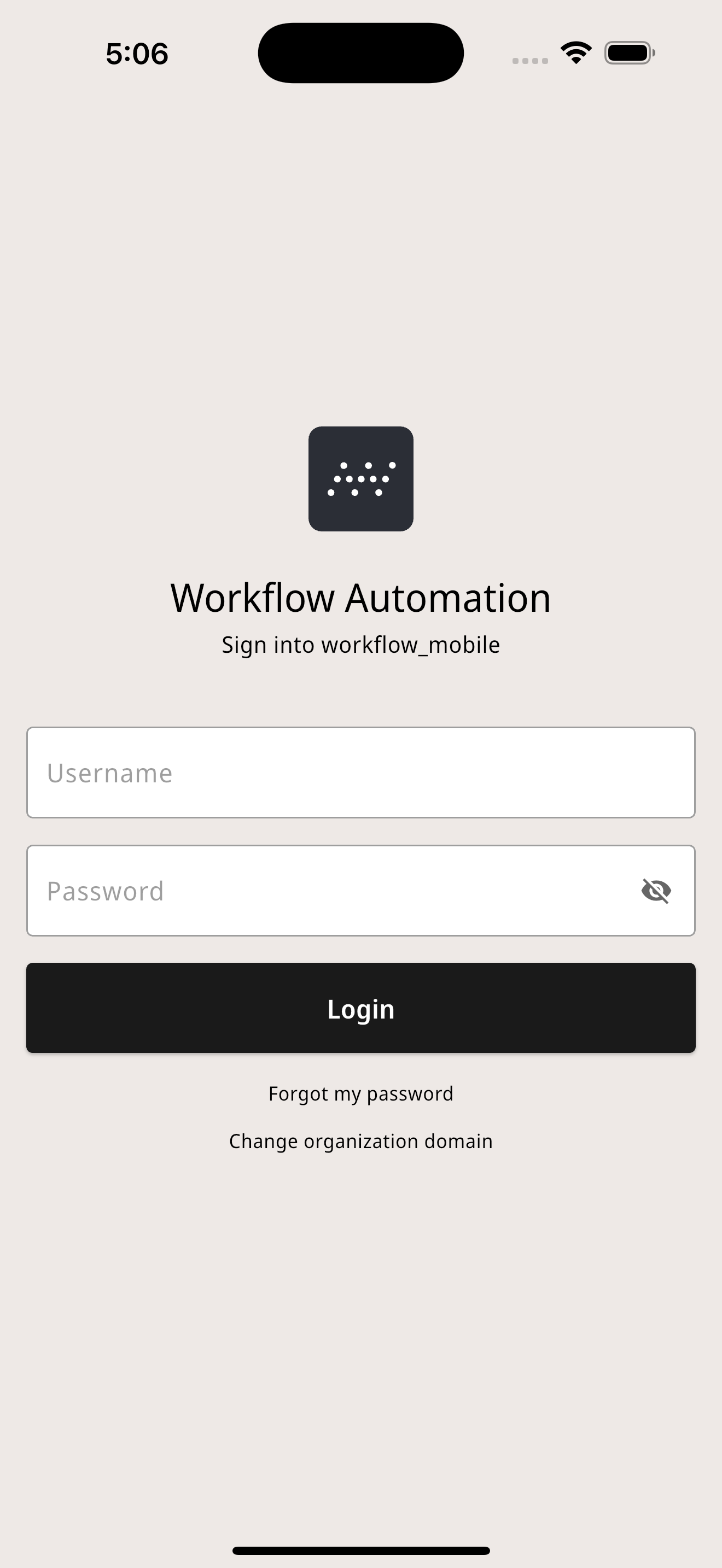 Nutrient Workflow Automation mobile app traditional login screen with username and password fields
