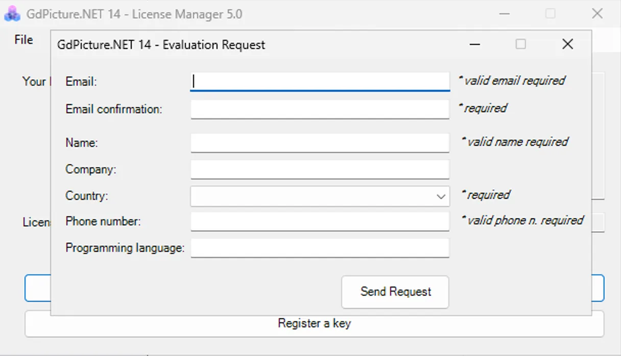 Trial key form