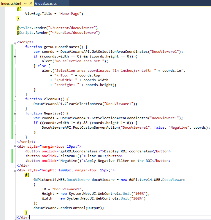 Client source code showing ROI buttons and JavaScript functions in Index.cshtml