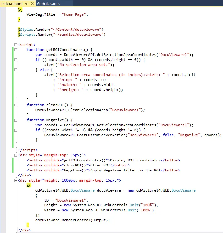 Client source code showing ROI buttons and JavaScript functions in Index.cshtml