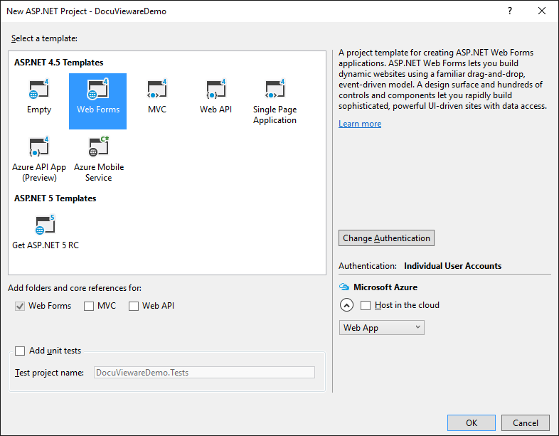 New ASP.NET Web Application dialog in Visual Studio